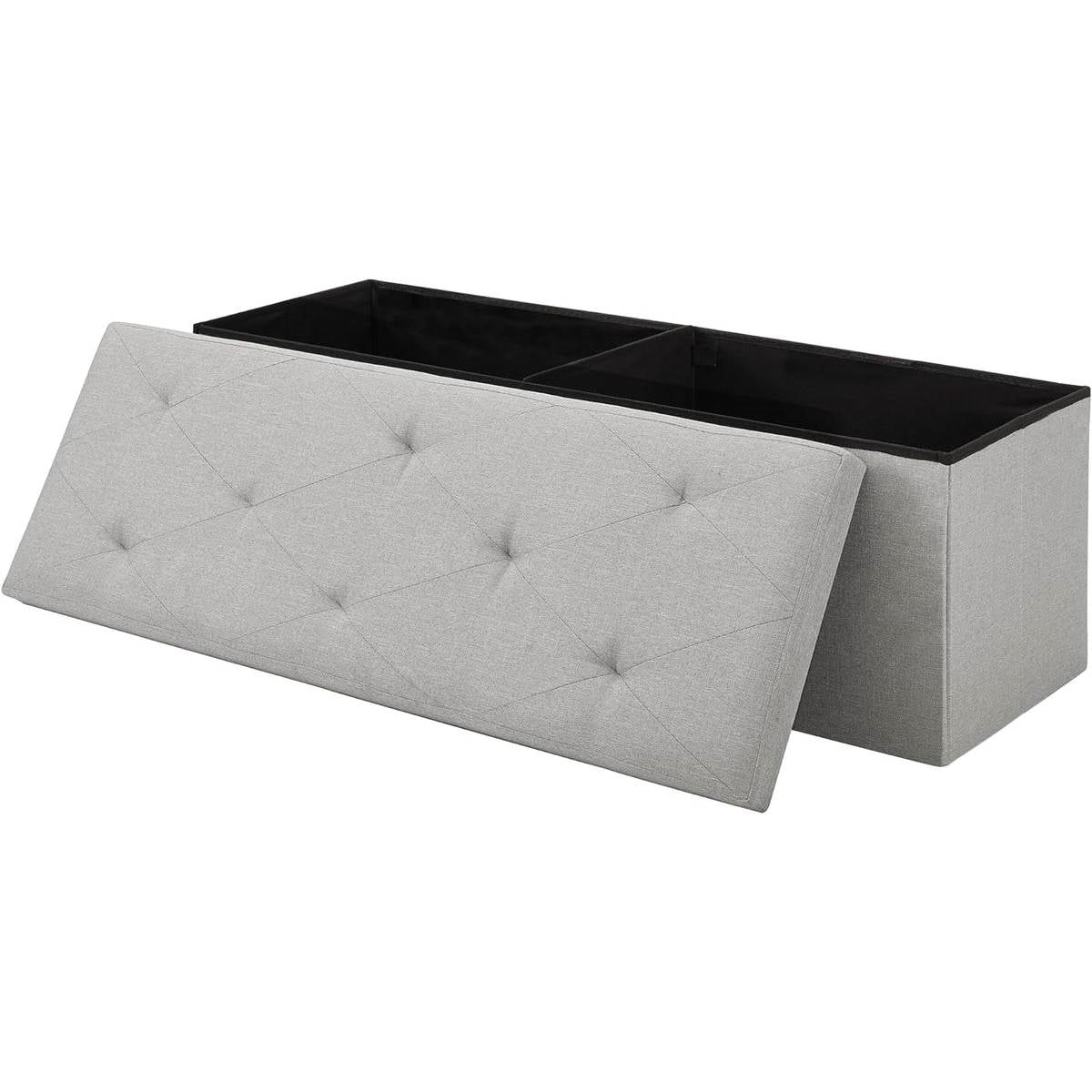 Light grey linen upholstered rectangular storage bench ottoman with wooden frame