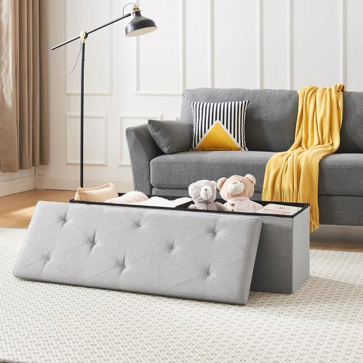 Light grey linen upholstered rectangular storage bench ottoman with wooden frame — view 2