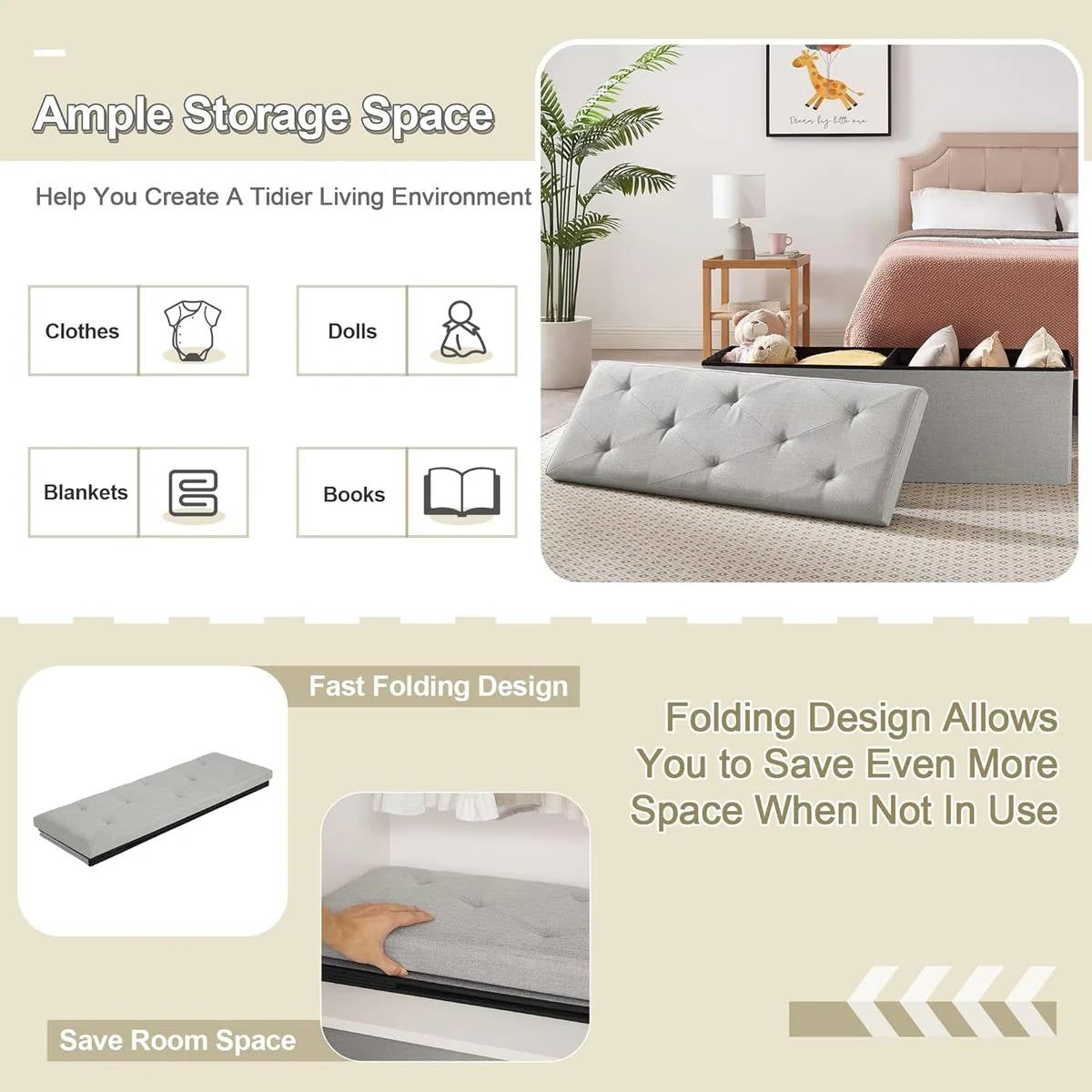 Light grey linen upholstered rectangular storage bench ottoman with wooden frame — view 3