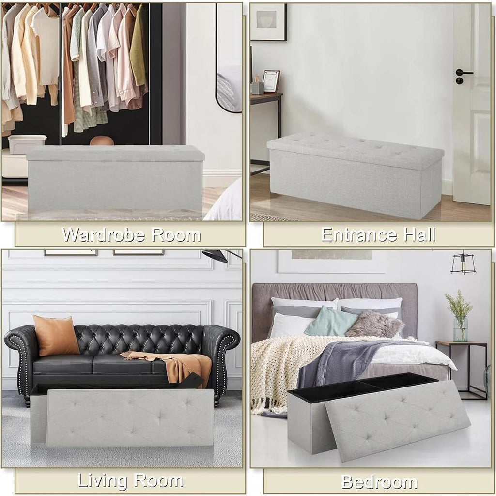 Light grey linen upholstered rectangular storage bench ottoman with wooden frame — view 4