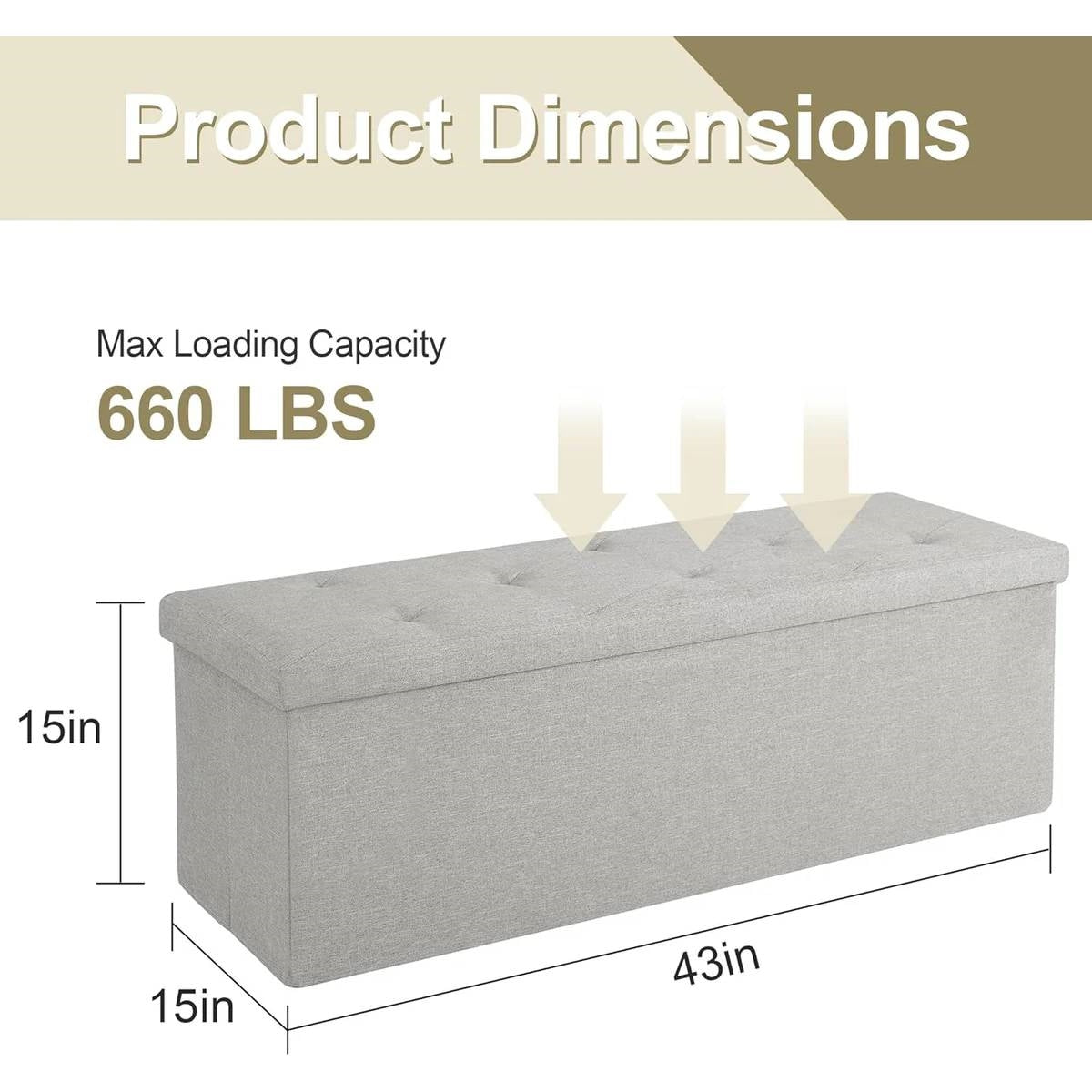 Light grey linen upholstered rectangular storage bench ottoman with wooden frame — view 5