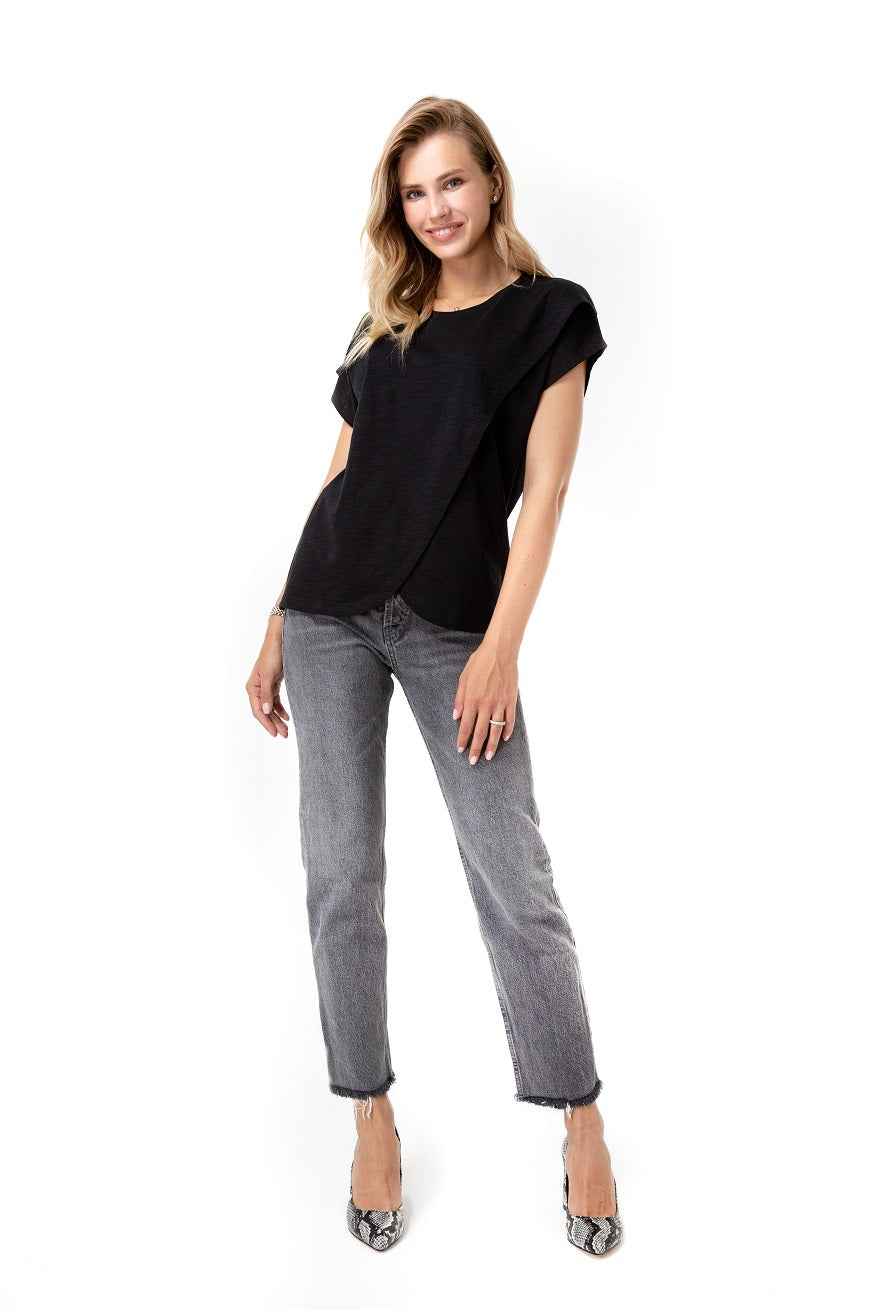Handy crossover short sleeve cotton maternity and nursing top in solid breathable fabric.