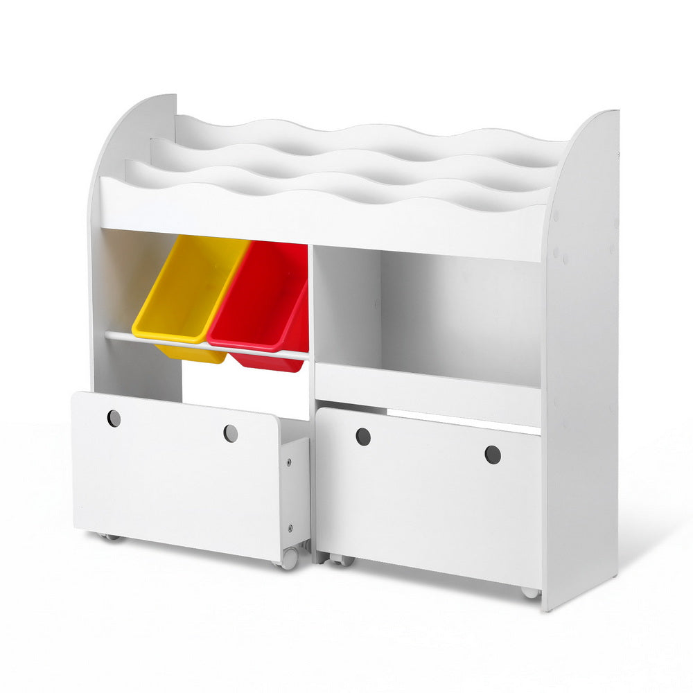 White 3-tier kids bookshelf with removable storage bins and lockable wheels for playroom organization
