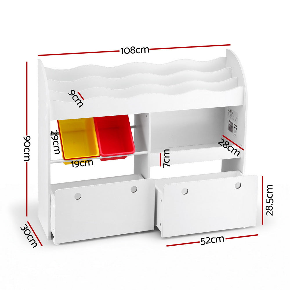 White 3-tier kids bookshelf with removable storage bins and lockable wheels for playroom organization — view 3