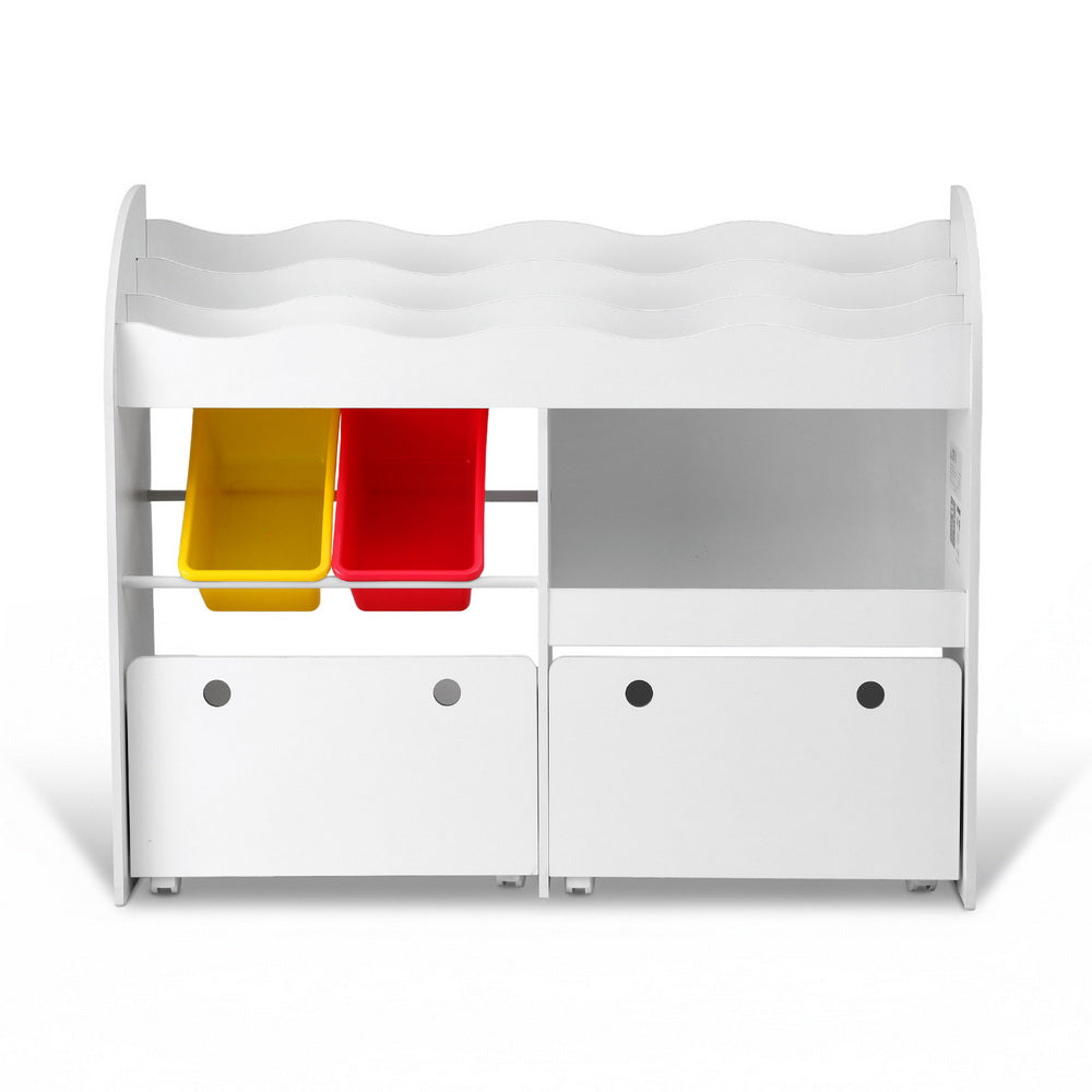 White 3-tier kids bookshelf with removable storage bins and lockable wheels for playroom organization — view 4