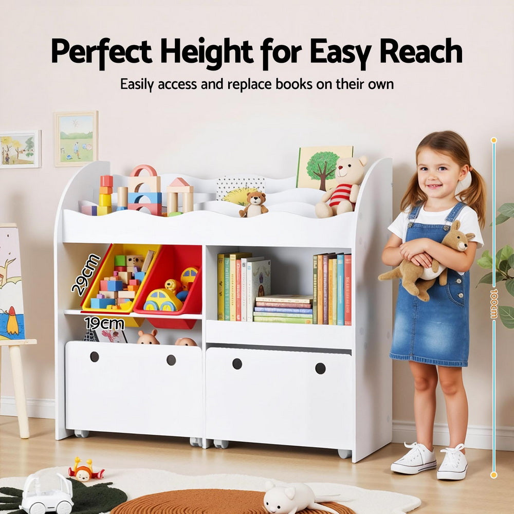 White 3-tier kids bookshelf with removable storage bins and lockable wheels for playroom organization — view 5