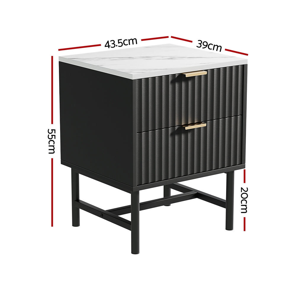 Black two drawer bedside table nightstand with smooth metal runners for modern bedroom storage — view 2