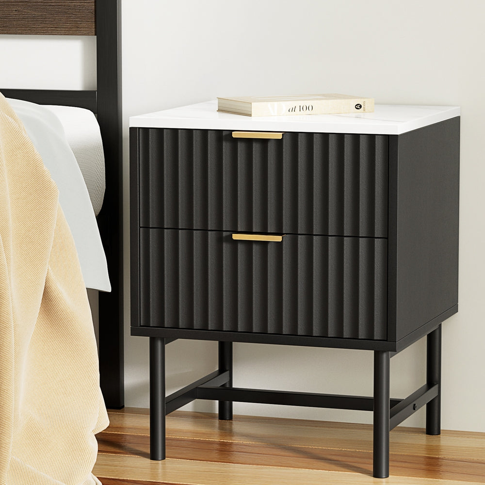 Black two drawer bedside table nightstand with smooth metal runners for modern bedroom storage