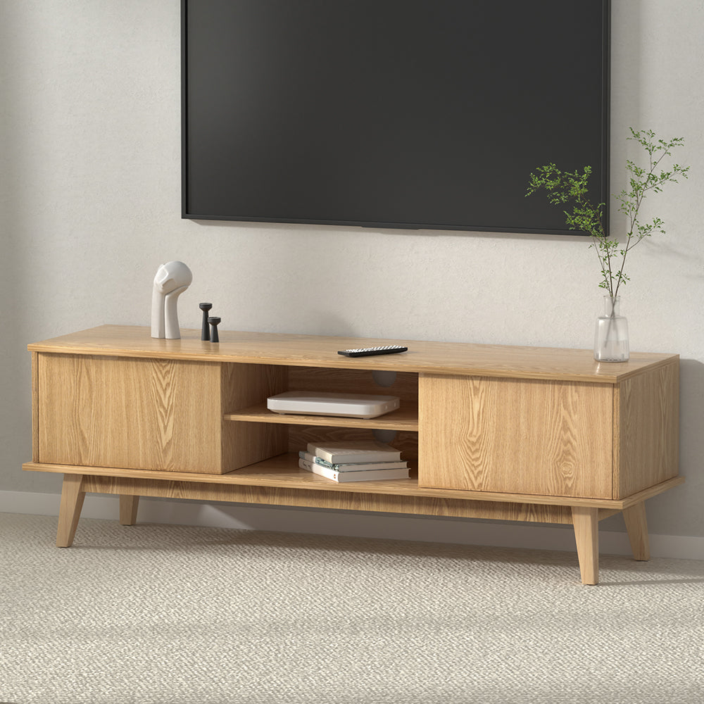 Modern pine finish Artiss 140cm TV cabinet entertainment unit with tempered glass and side cabinets