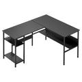 Black Artiss L-shaped computer desk with open shelving, monitor riser, and file drawers