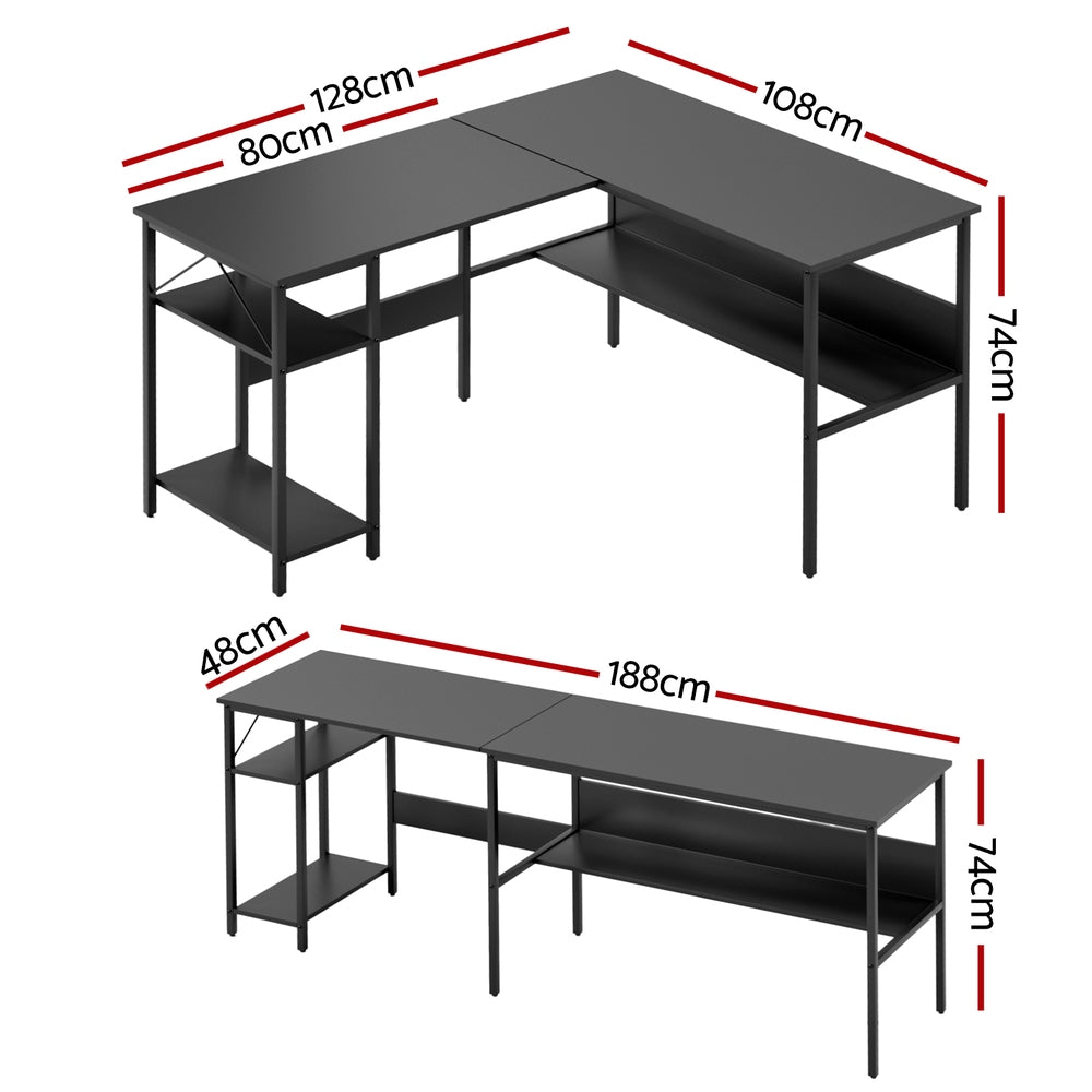 Black Artiss L-shaped computer desk with open shelving, monitor riser, and file drawers — view 2