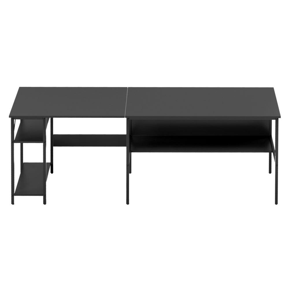Black Artiss L-shaped computer desk with open shelving, monitor riser, and file drawers — view 3