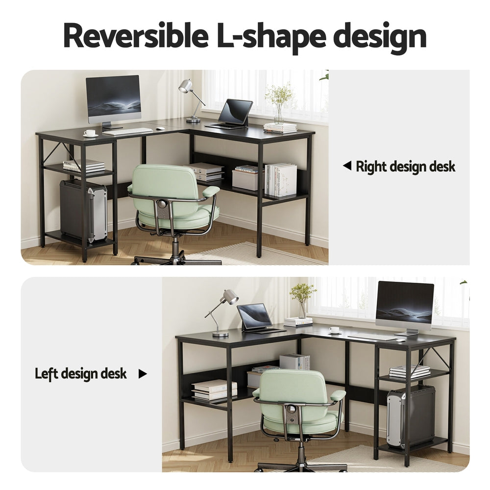 Black Artiss L-shaped computer desk with open shelving, monitor riser, and file drawers — view 4