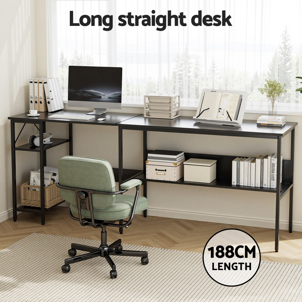 Black Artiss L-shaped computer desk with open shelving, monitor riser, and file drawers — view 5