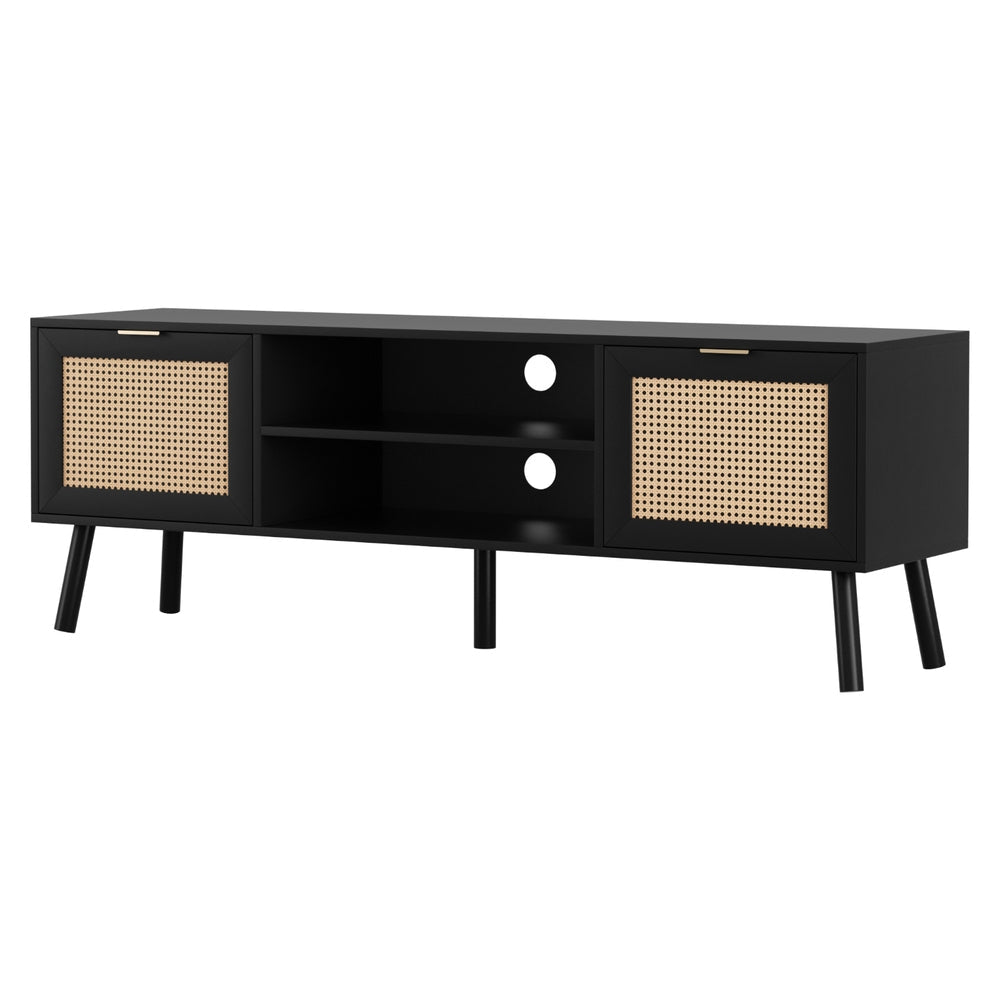 Black modern 150cm TV unit with golden handles, storage cabinets, and solid wood feet.