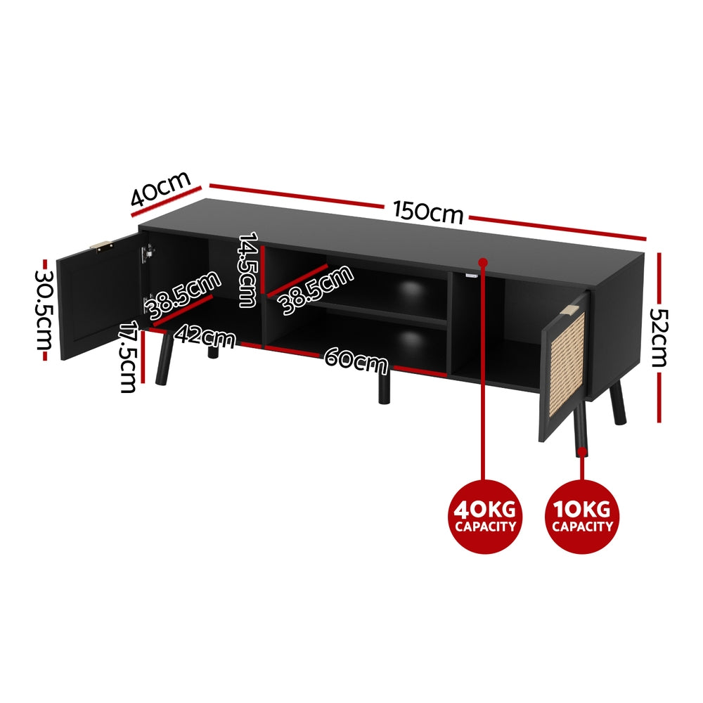 Black modern 150cm TV unit with golden handles, storage cabinets, and solid wood feet. — view 3