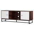 White and oak modern TV unit with carved cabinet doors and metal feet
