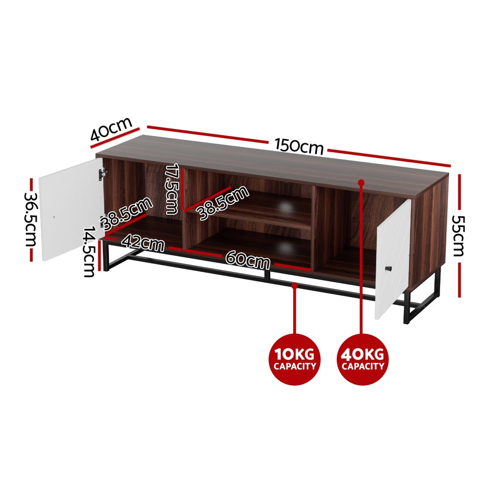 White and oak modern TV unit with carved cabinet doors and metal feet — view 3