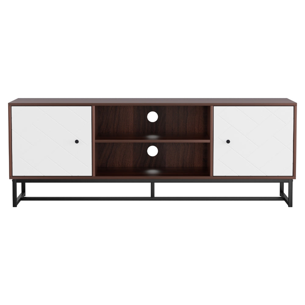 White and oak modern TV unit with carved cabinet doors and metal feet — view 4
