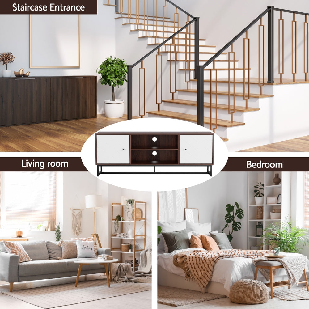 White and oak modern TV unit with carved cabinet doors and metal feet — view 5