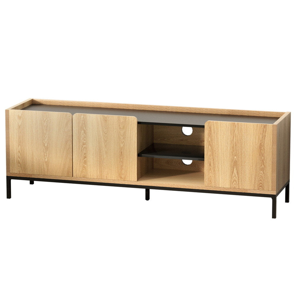 Artiss 160cm pine entertainment unit with black metal legs, three cabinets, and media shelving — view 2