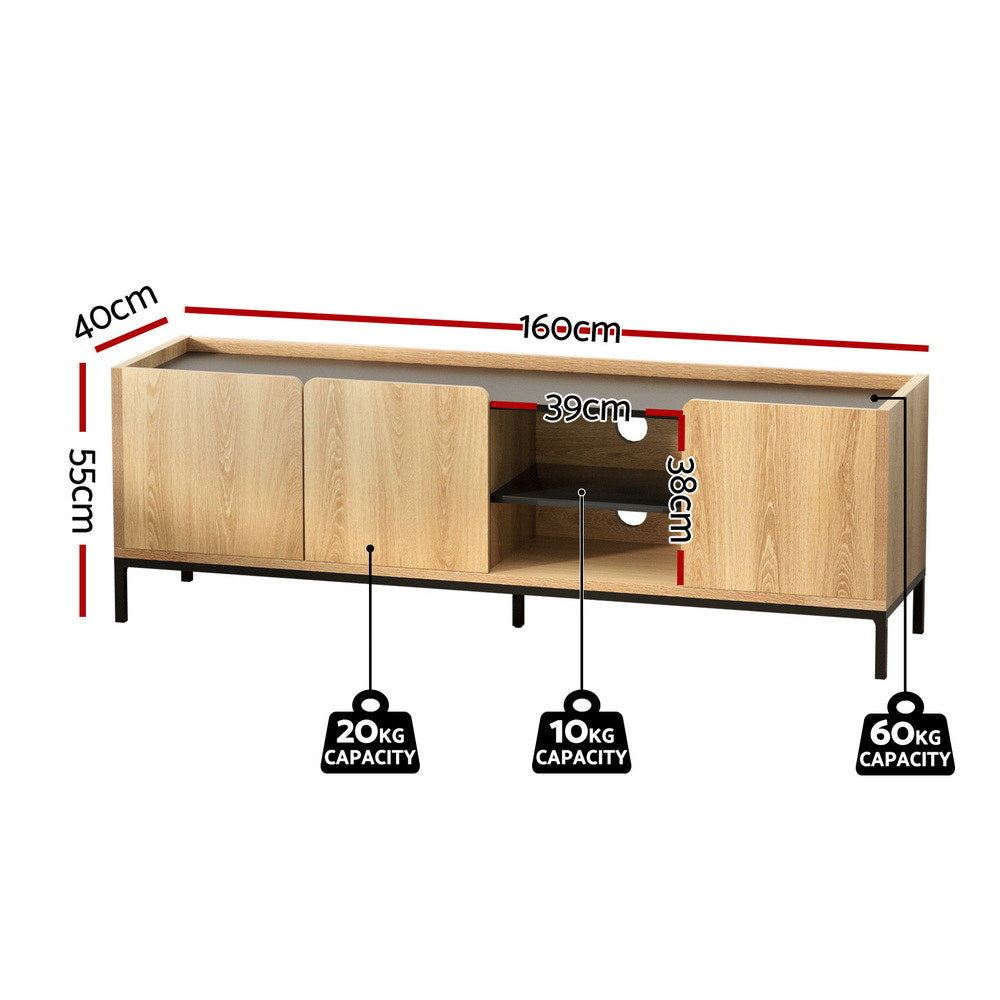 Artiss 160cm pine entertainment unit with black metal legs, three cabinets, and media shelving — view 4