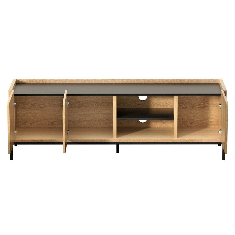 Artiss 160cm pine entertainment unit with black metal legs, three cabinets, and media shelving — view 5