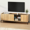 Artiss 160cm pine entertainment unit with black metal legs, three cabinets, and media shelving