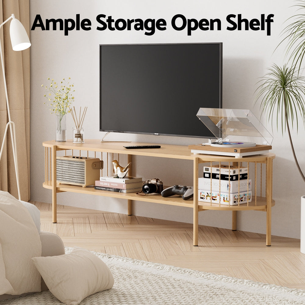 Artiss pine TV unit entertainment console with open media storage shelf and modern metal bars — view 5