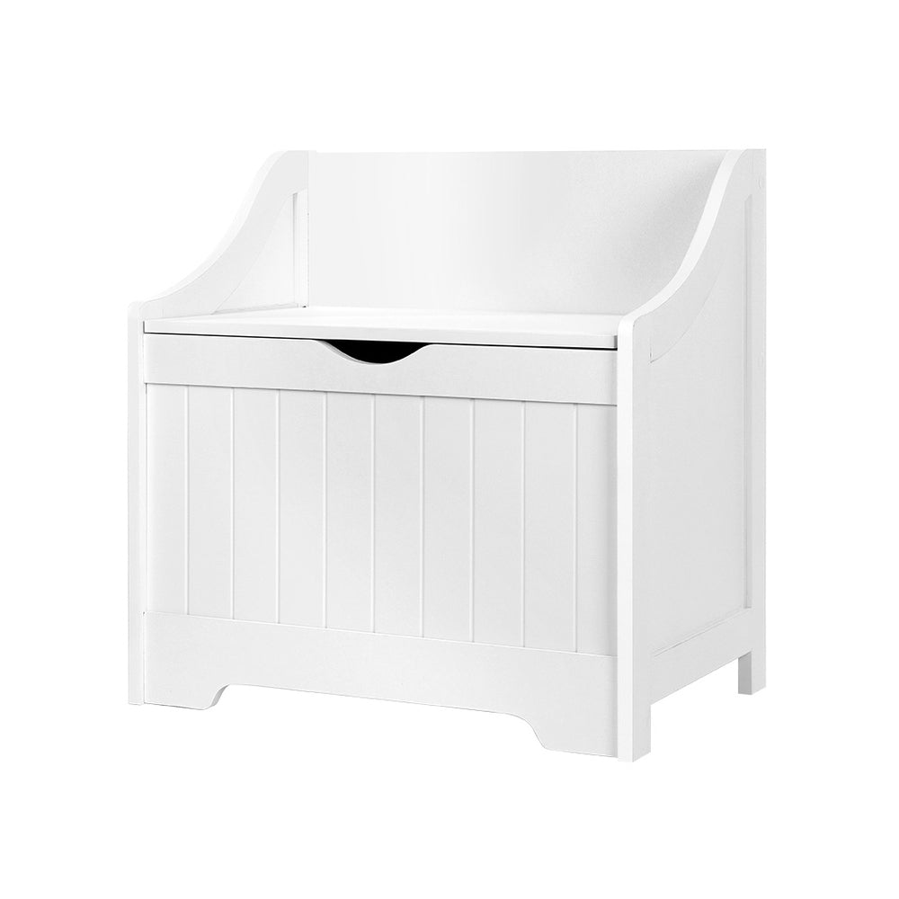 White wooden kids toy box and bench seat with soft close hinges and air gap handle