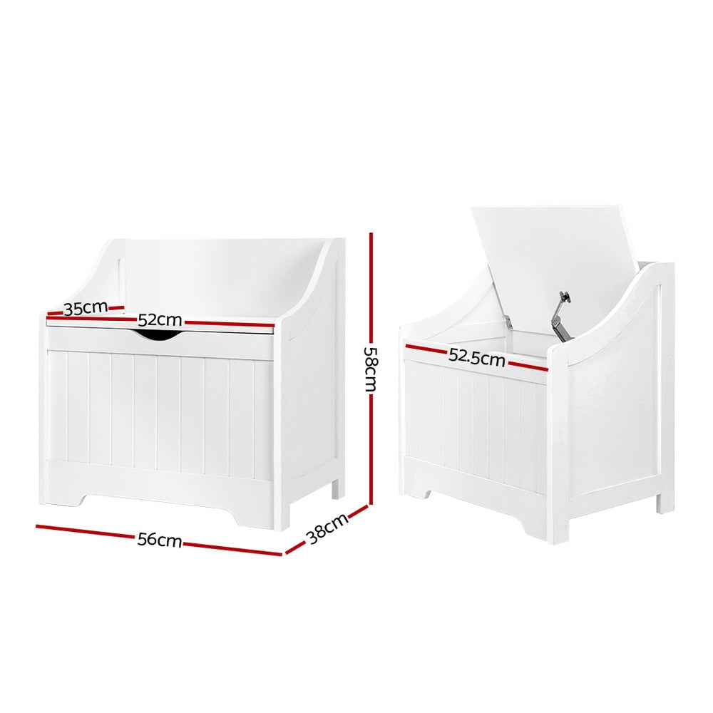 White wooden kids toy box and bench seat with soft close hinges and air gap handle — view 2