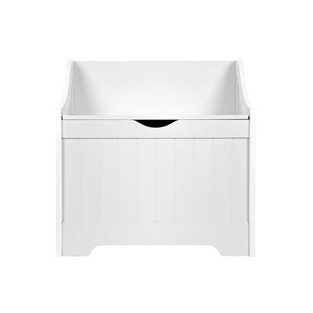 White wooden kids toy box and bench seat with soft close hinges and air gap handle — view 3