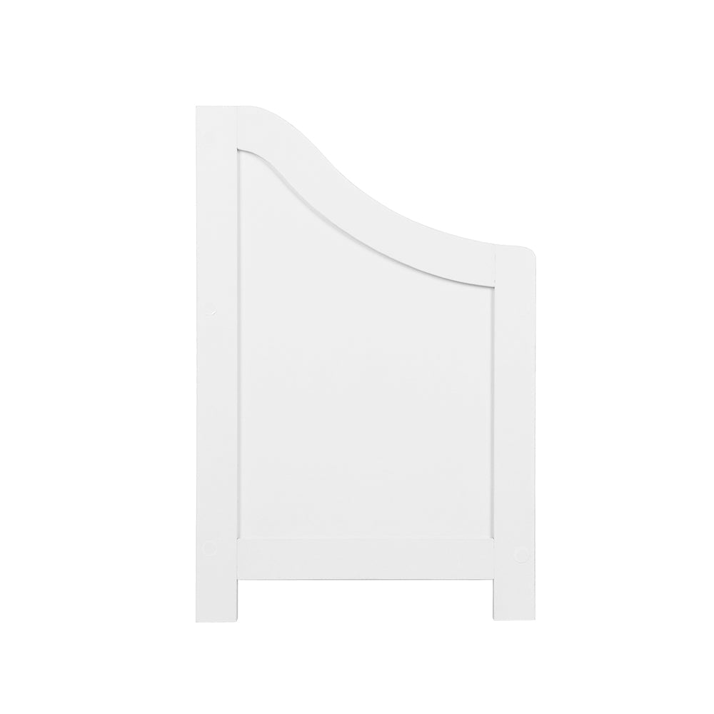 White wooden kids toy box and bench seat with soft close hinges and air gap handle — view 4