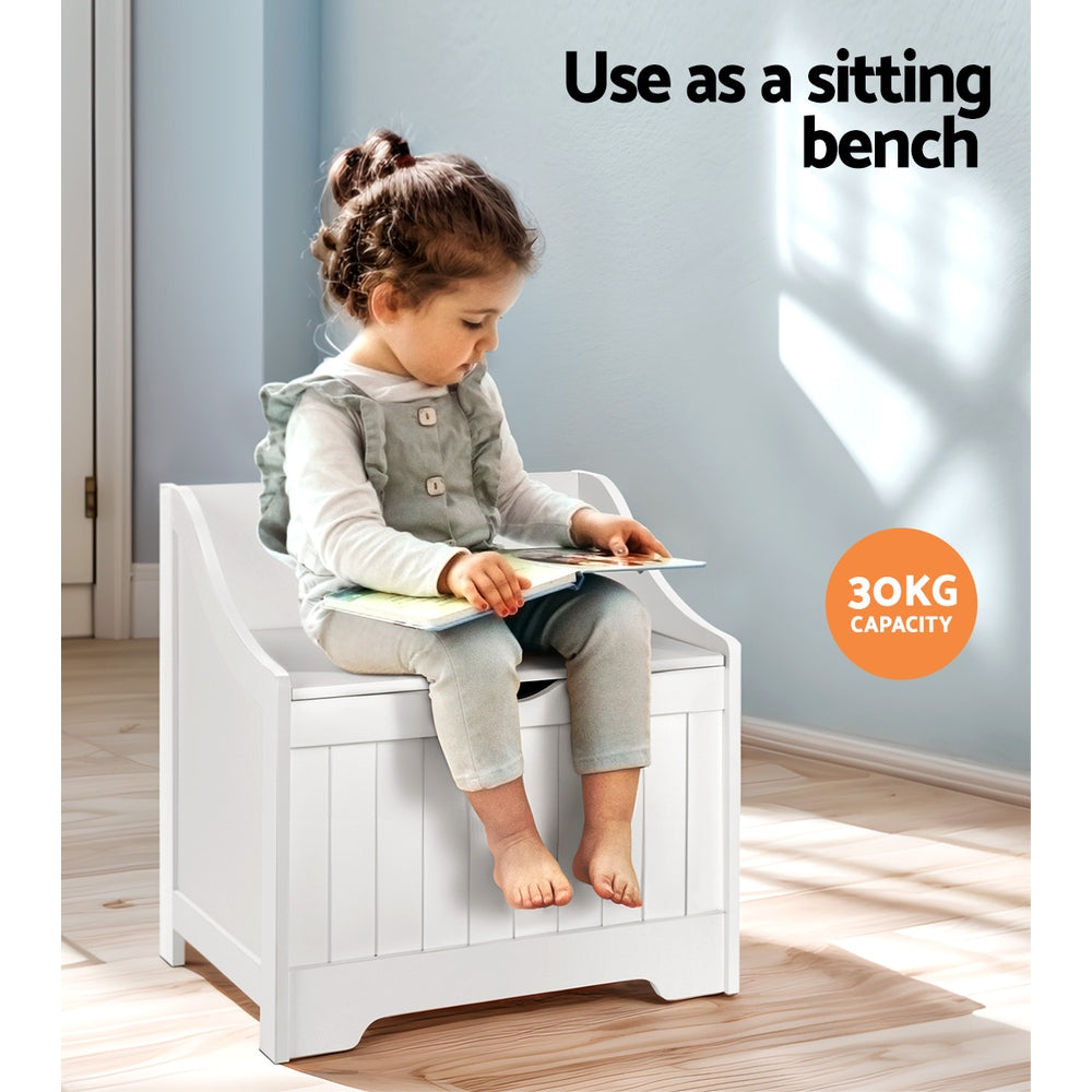 White wooden kids toy box and bench seat with soft close hinges and air gap handle — view 5