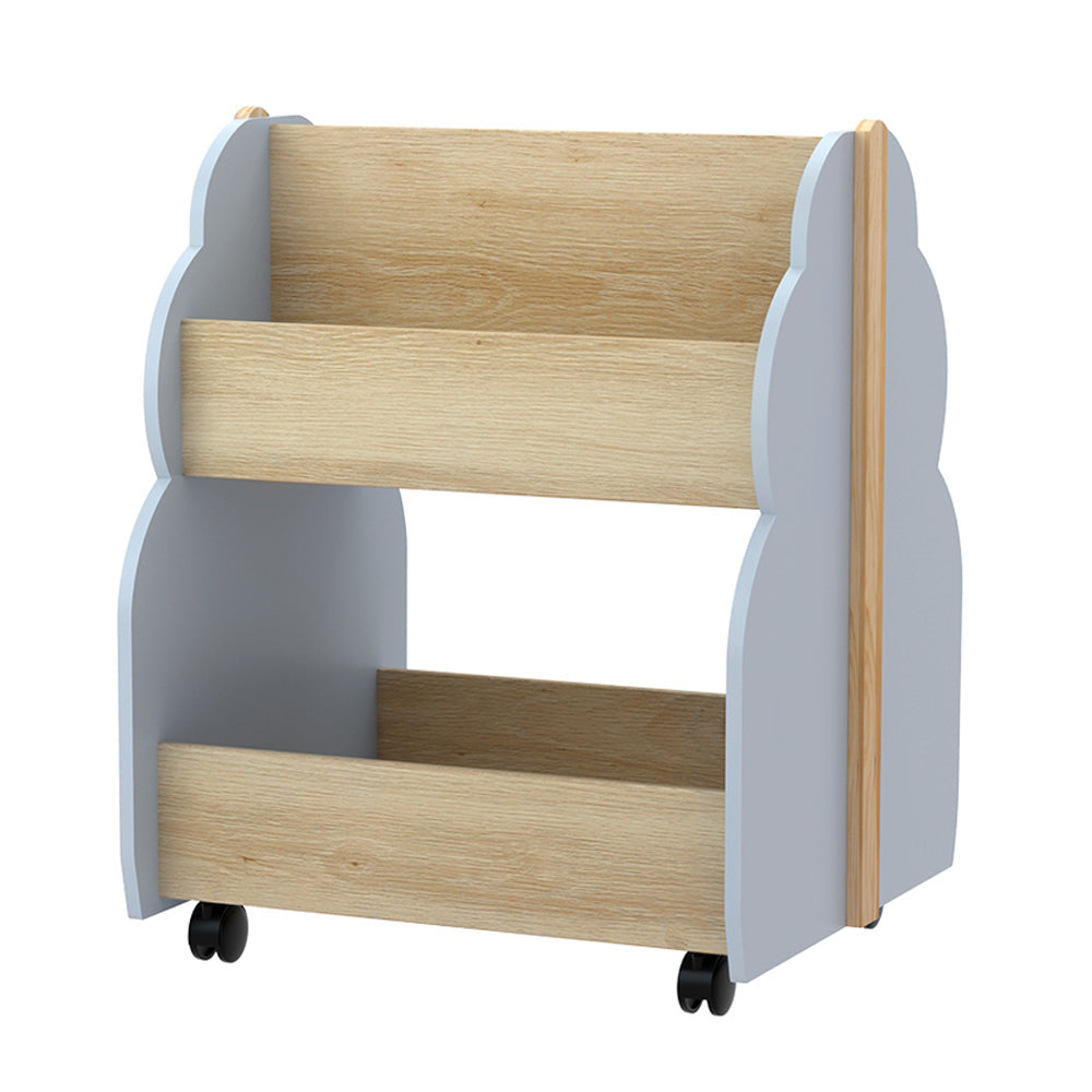 Grey and pine tree-shaped wooden kids bookshelf on wheels with double-sided storage tiers.