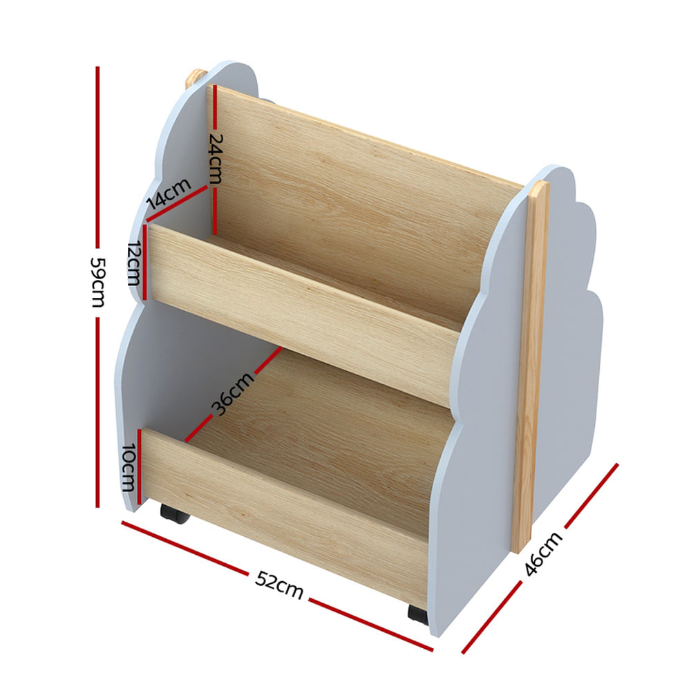 Grey and pine tree-shaped wooden kids bookshelf on wheels with double-sided storage tiers. — view 2