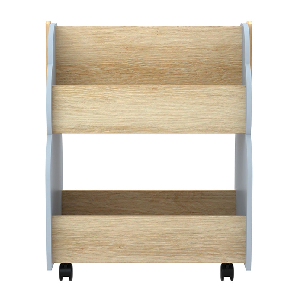 Grey and pine tree-shaped wooden kids bookshelf on wheels with double-sided storage tiers. — view 3