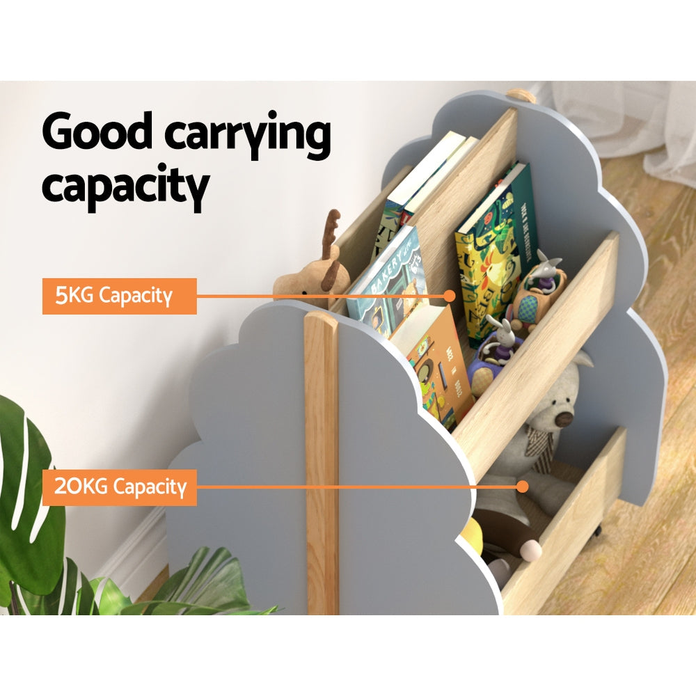 Grey and pine tree-shaped wooden kids bookshelf on wheels with double-sided storage tiers. — view 5