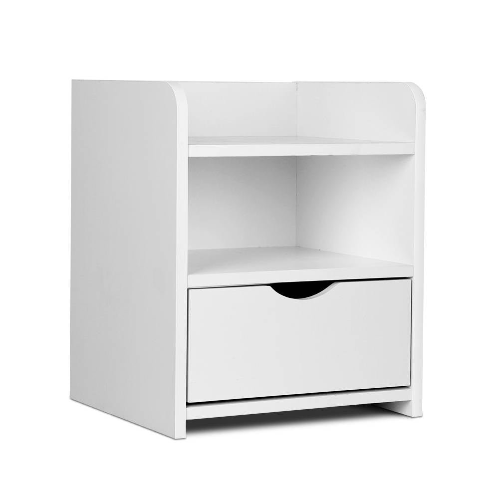 Modern white bedside table with one drawer, open shelving, and safe rounded corners.