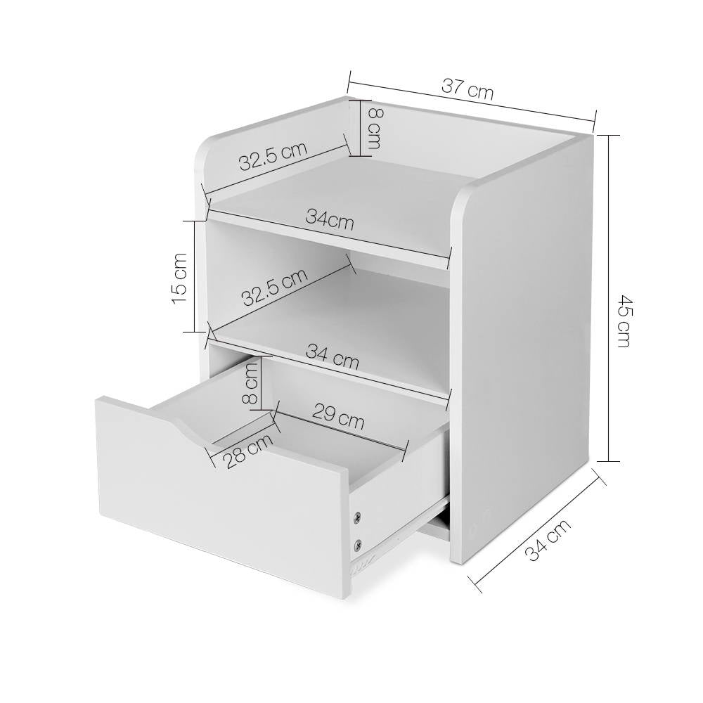 Modern white bedside table with one drawer, open shelving, and safe rounded corners. — view 2
