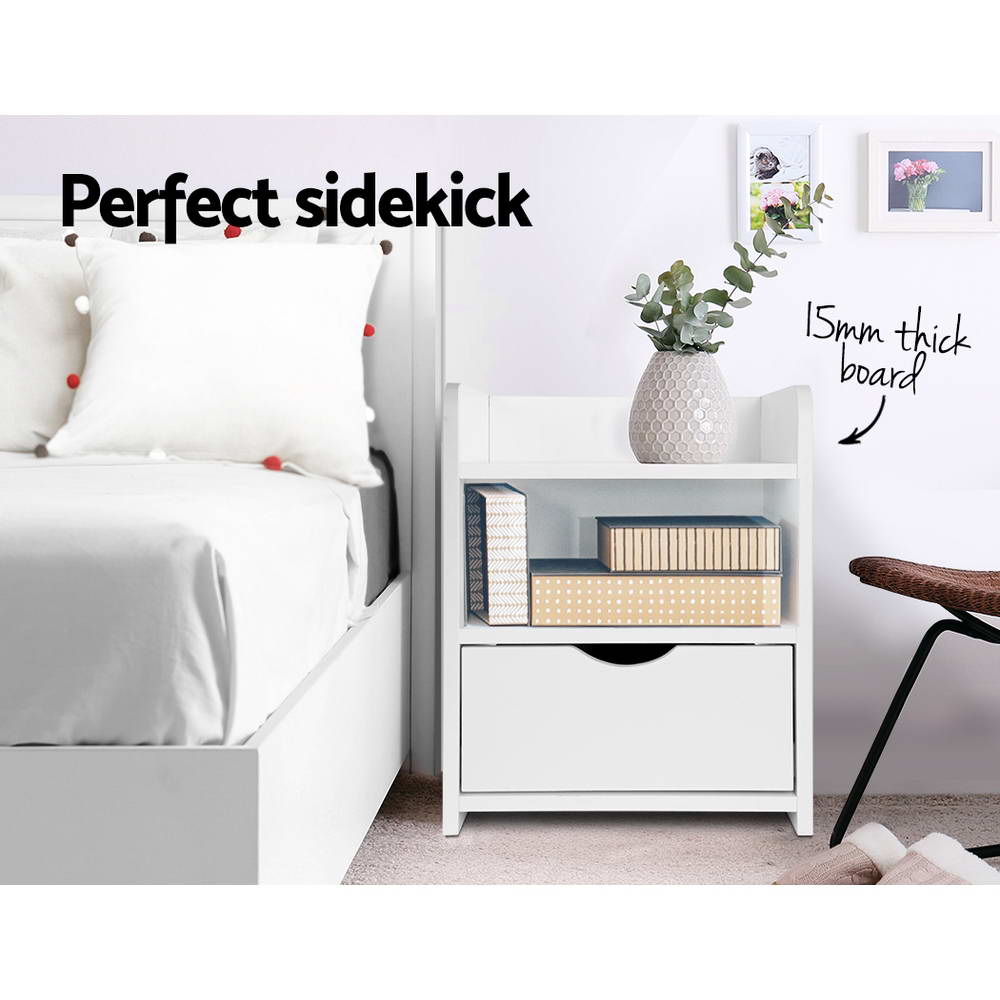 Modern white bedside table with one drawer, open shelving, and safe rounded corners. — view 3