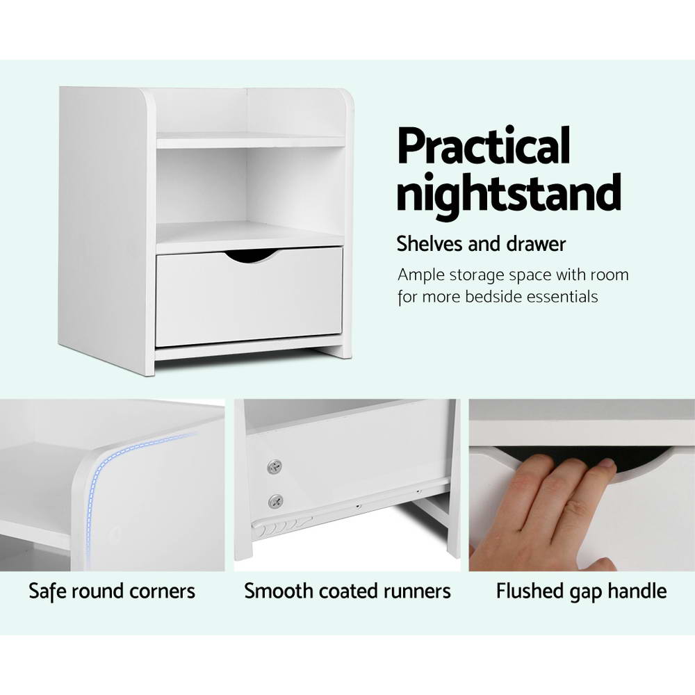 Modern white bedside table with one drawer, open shelving, and safe rounded corners. — view 5