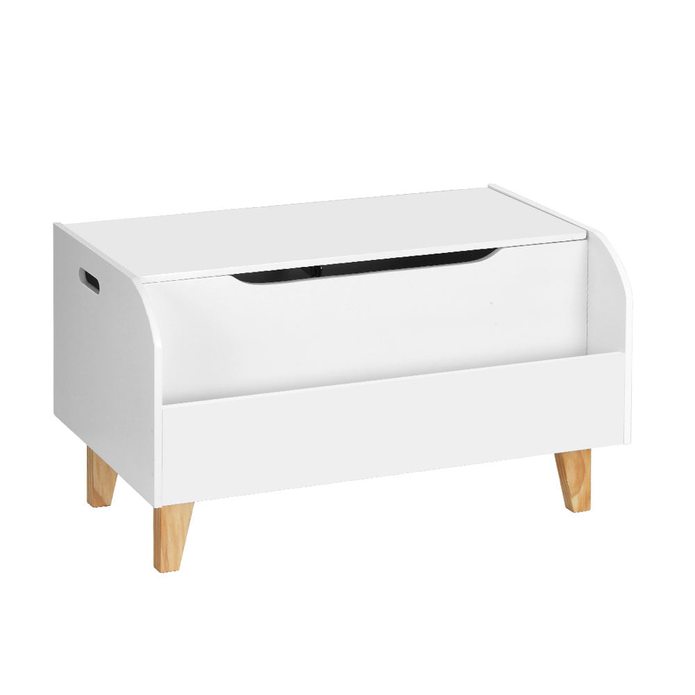 White wooden Keezi kids toy box and bookshelf storage chest with natural solid wood legs