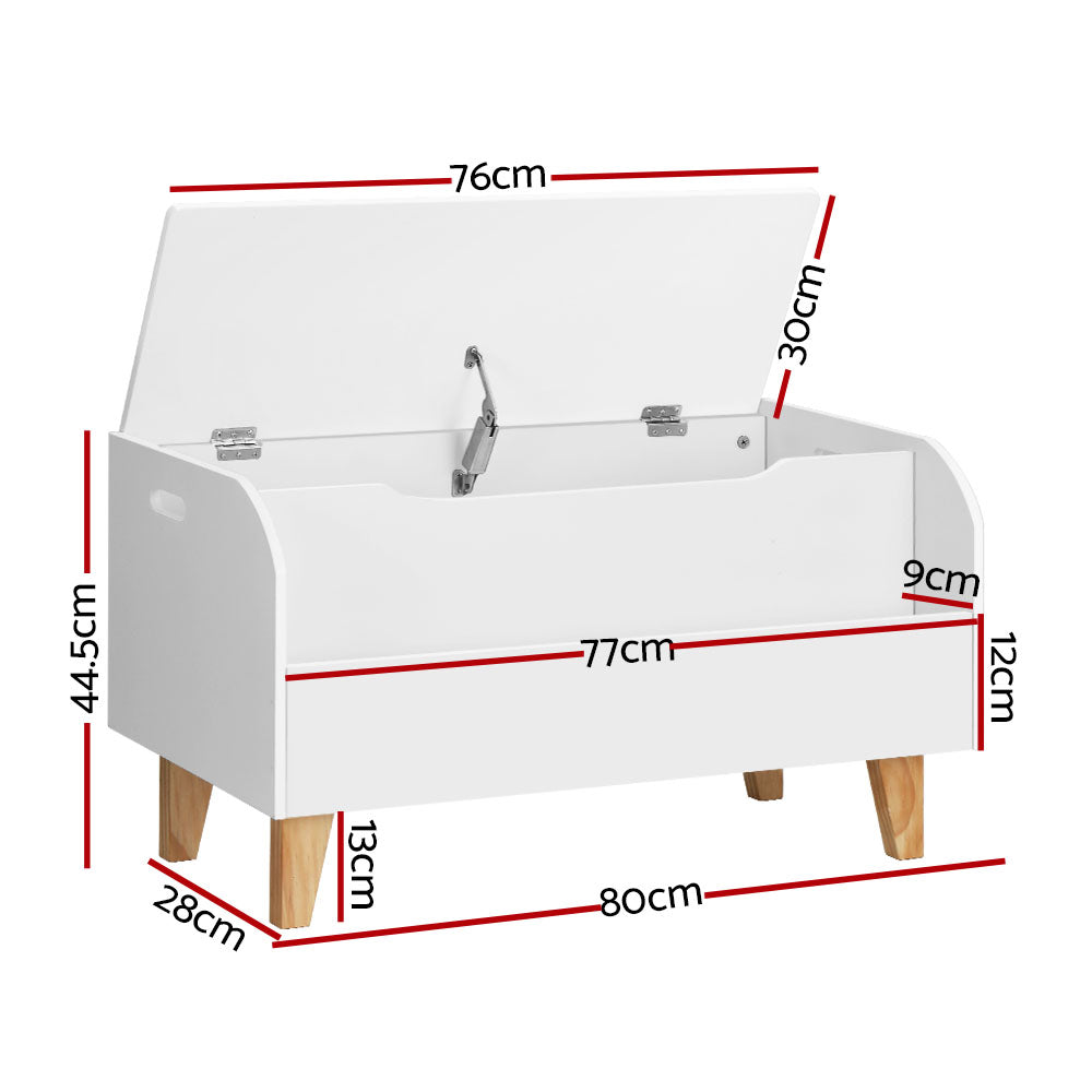 White wooden Keezi kids toy box and bookshelf storage chest with natural solid wood legs — view 2
