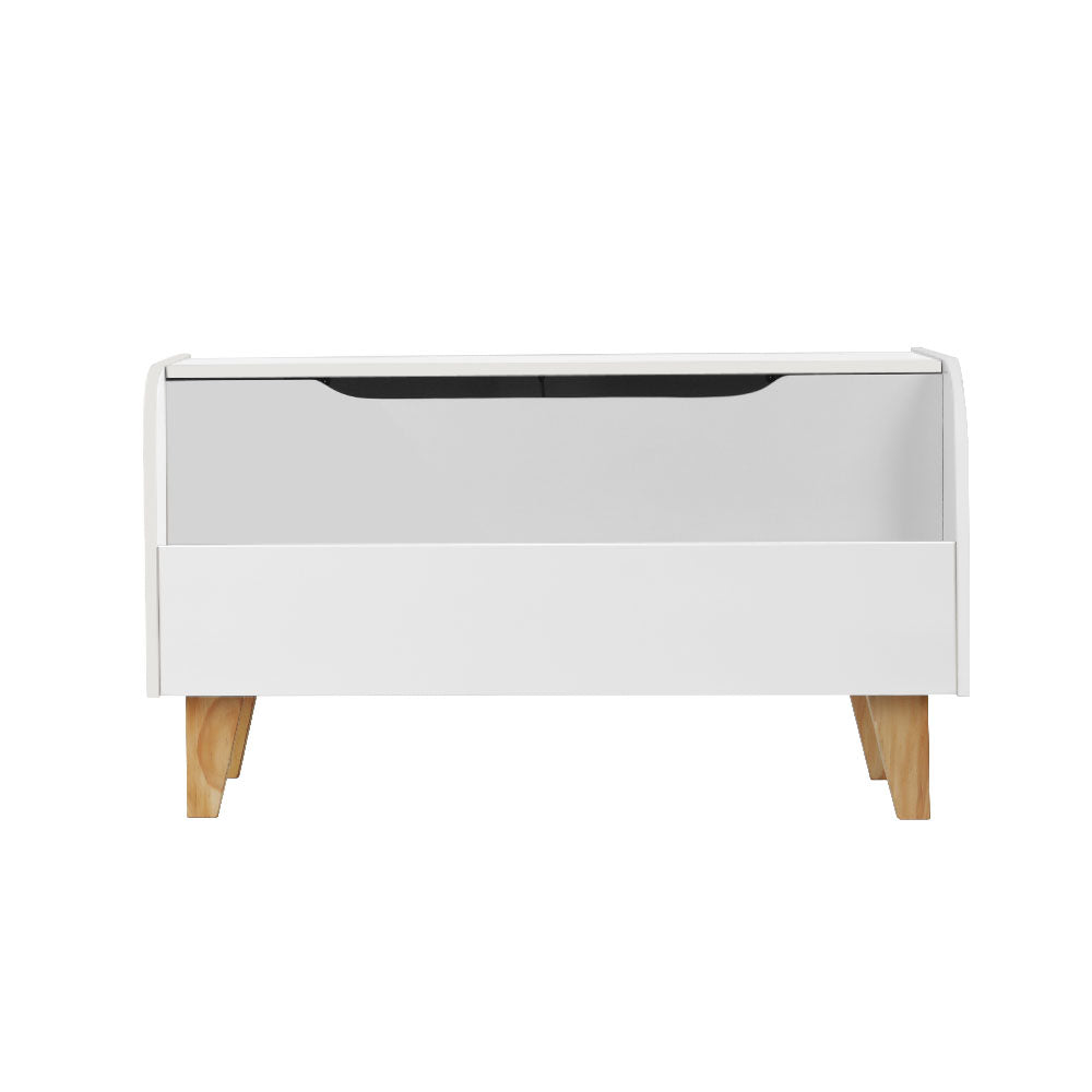 White wooden Keezi kids toy box and bookshelf storage chest with natural solid wood legs — view 3