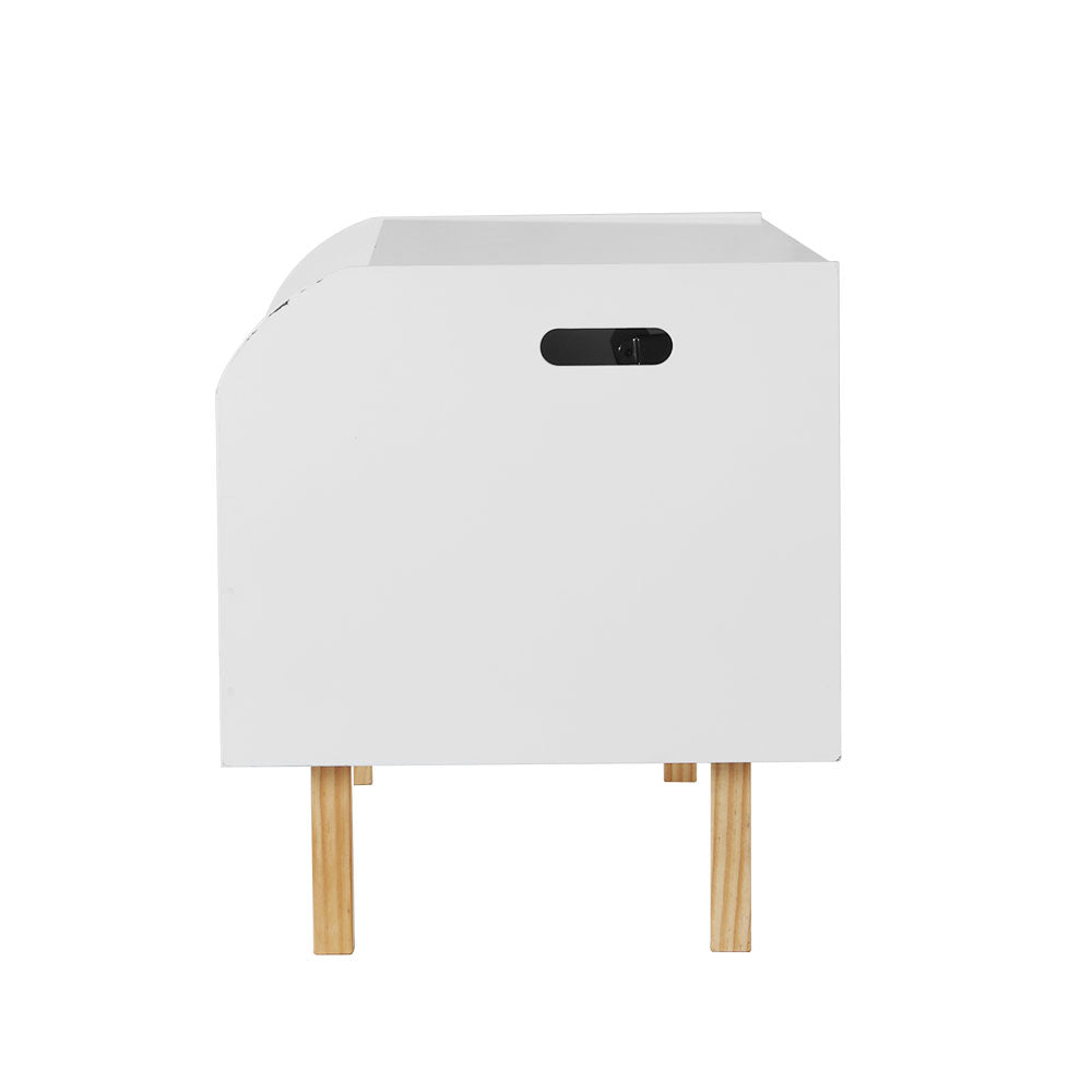 White wooden Keezi kids toy box and bookshelf storage chest with natural solid wood legs — view 4
