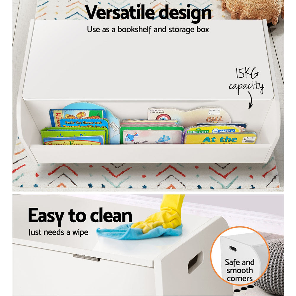 White wooden Keezi kids toy box and bookshelf storage chest with natural solid wood legs — view 5