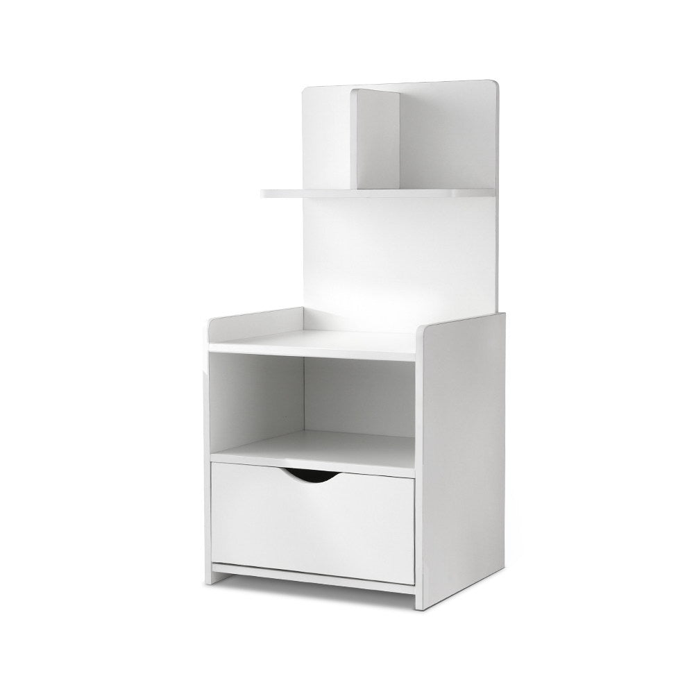 Artiss Evermore modern white bedside table featuring a closed drawer and four tier display shelving unit — view 3