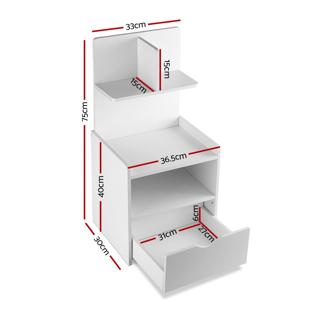 Artiss Evermore modern white bedside table featuring a closed drawer and four tier display shelving unit — view 4