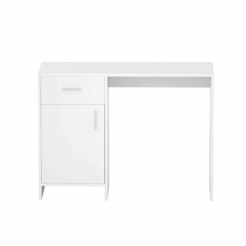 White minimalist computer desk with sliding drawer and storage cabinet for modern home office use — view 3